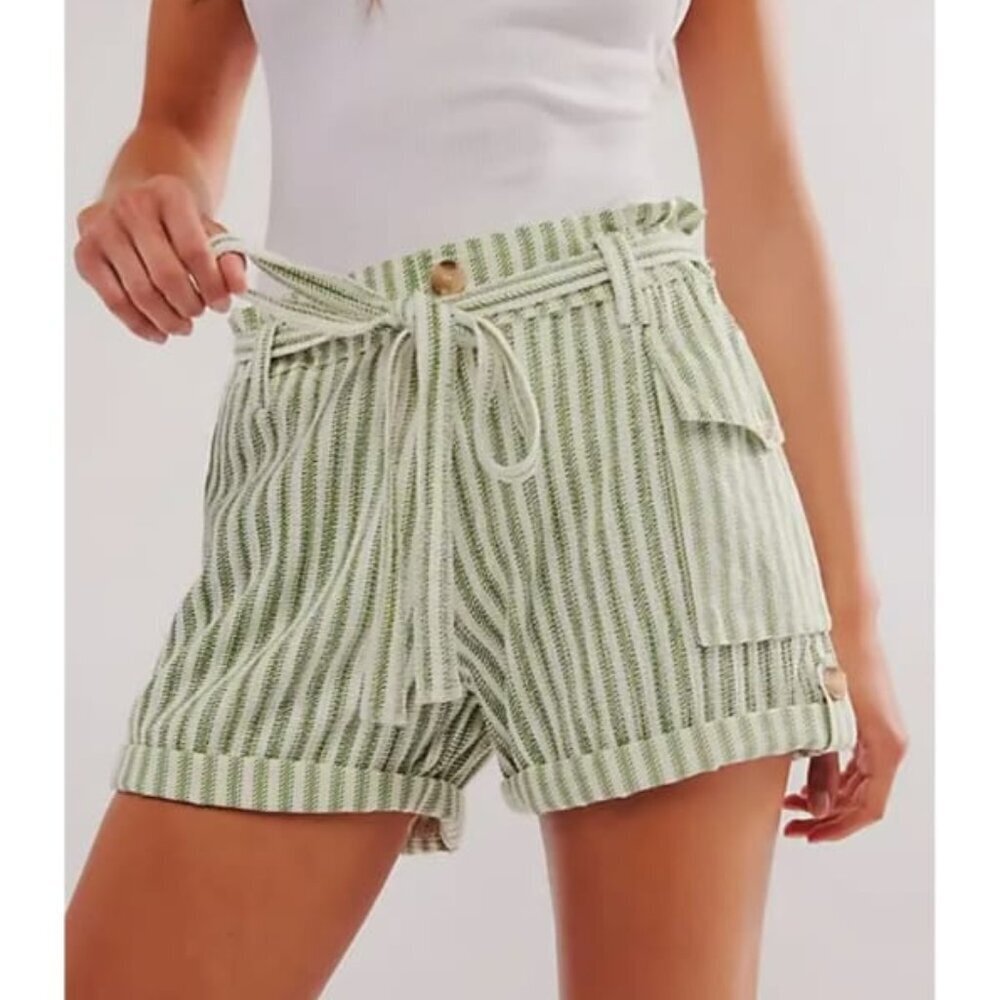 NWOT Free People One Harriet Striped 100% Cotton Shorts in Fairway Green